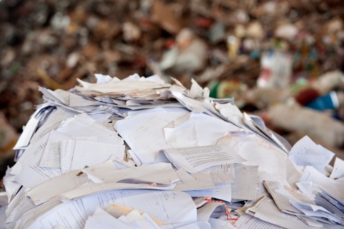 A large pile of mixed paper waste, including sheets of printed and handwritten documents, crumpled papers, and paper debris, arranged outdoors on a paved or gravel surface with a backdrop of more scattered rubbish and natural debris. The papers vary in size, texture, and colour, predominantly in shades of white and off-white, with some pages slightly creased or torn. The scene suggests a site for rubbish collection or disposal, indicative of the type of clutter managed by commercial waste removal services such as those offered in Shepherds Bush. The lighting is natural, highlighting the chaotic arrangement of the paper waste and emphasizing the need for professional rubbish removal to clear such materials from a property involved in business or construction activities in the area. Commercial Waste Removal Shepherds Bush specializes in efficiently handling this type of waste clutter, ensuring proper cleanup and disposal of paper and other rubbish in the local area.